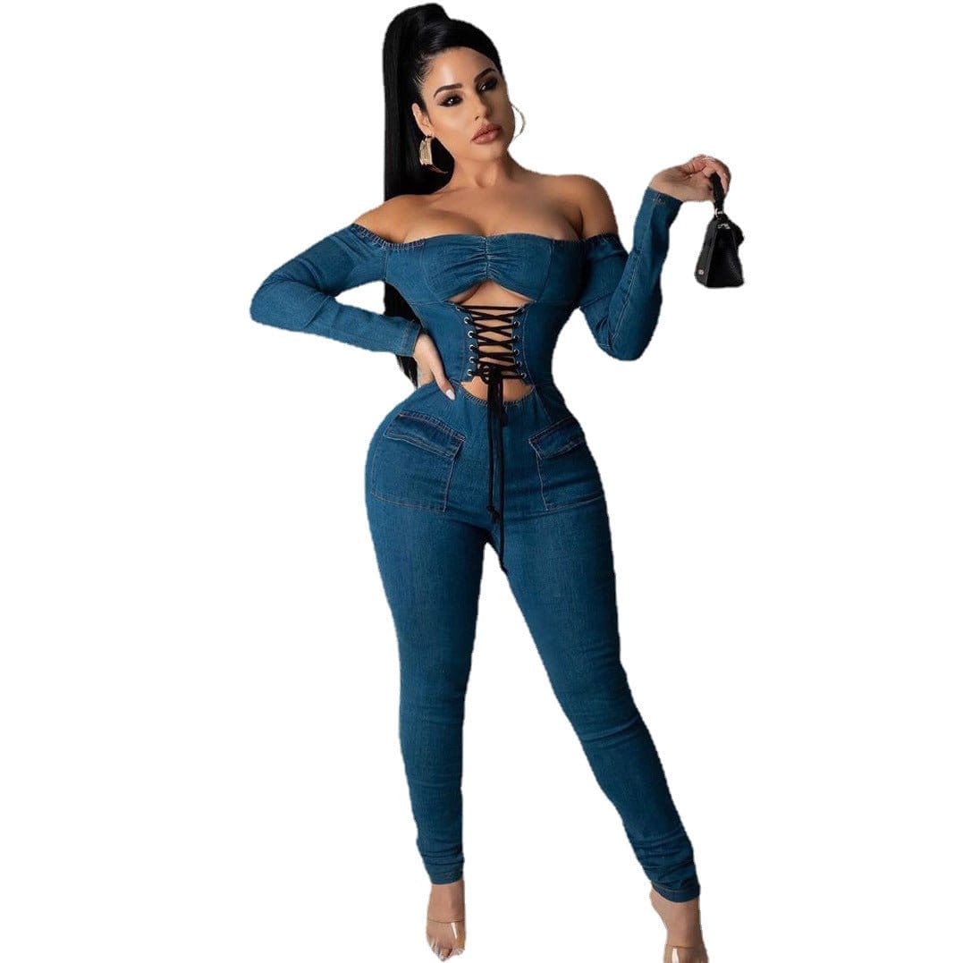 Women's Off-Shoulder Strappy Denim Jumpsuit | Silver Fox Sales