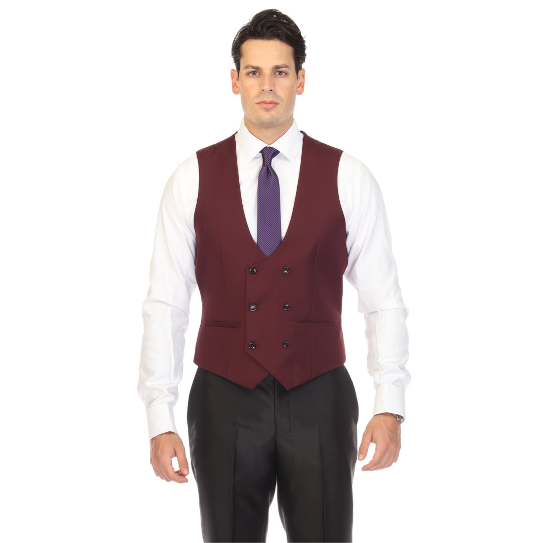 Burgundy double breasted vest set worn with dress shirt – view 2