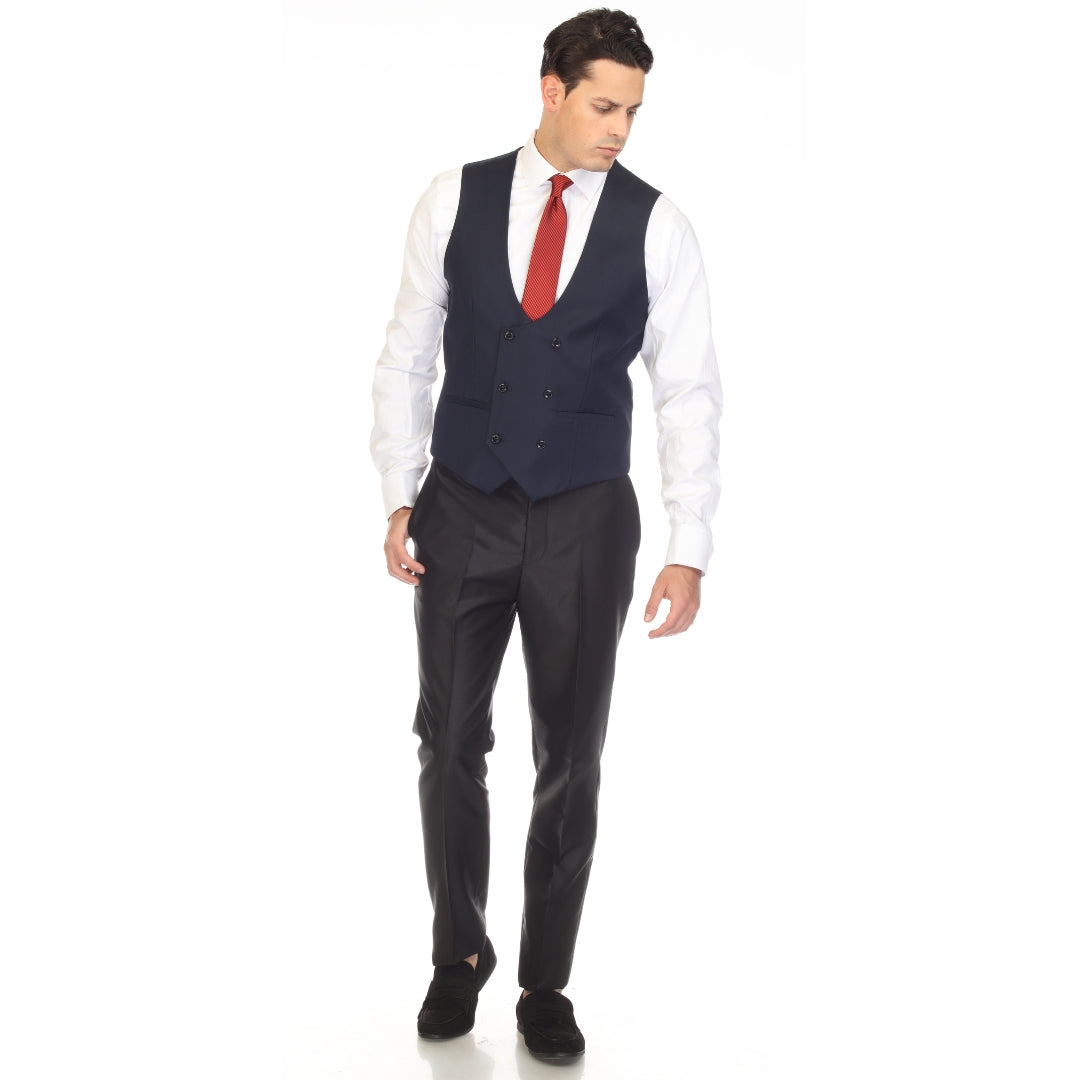 Navy double breasted vest set worn with dress shirt – view 5
