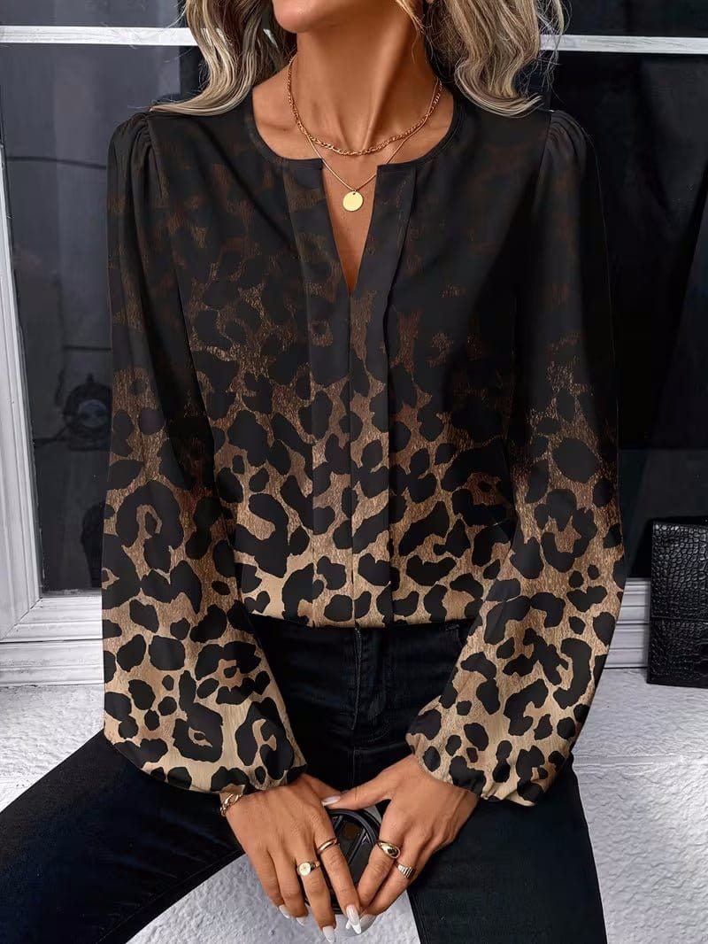 Women's Casual Leopard-Print Puff-Sleeve V-Neck Shirt | Silver Fox Sales