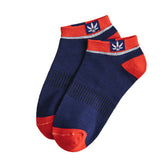 Maple Leaf Side-Logo Mens Short Socks in navy blue and orange contrasting colors, low cut design.