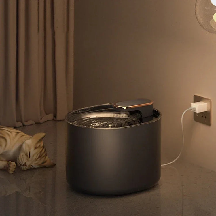 automatic pet drinking fountain set next to sleeping cat in a cozy indoor environment