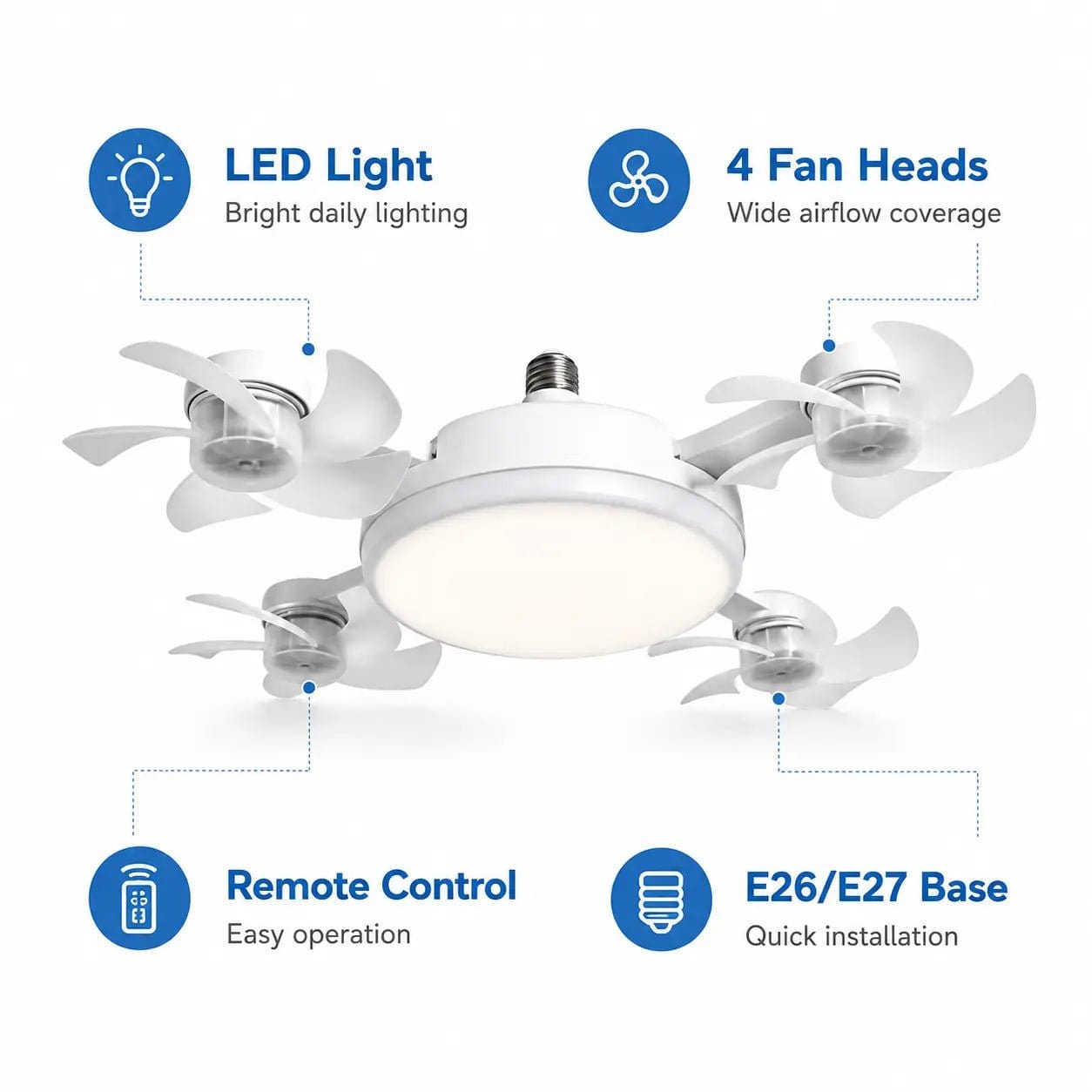 Ceiling Fan Light with Remote Control, 19.69 Inch Screw in LED Fan Light, E26/E27 Base Foldable Ceiling Fan with 4 Fan Heads, Quiet Airflow & Bright Lighting, Easy Installation for Bedroom, Living Room, Kitchen, Office, Dorm, Small Room Use