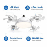 Ceiling Fan Light with Remote Control, 19.69 Inch Screw in LED Fan Light, E26/E27 Base Foldable Ceiling Fan with 4 Fan Heads, Quiet Airflow & Bright Lighting, Easy Installation for Bedroom, Living Room, Kitchen, Office, Dorm, Small Room Use