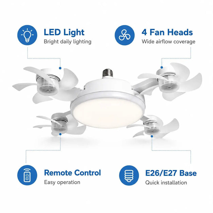 Ceiling Fan Light with Remote Control, 19.69 Inch Screw in LED Fan Light, E26/E27 Base Foldable Ceiling Fan with 4 Fan Heads, Quiet Airflow & Bright Lighting, Easy Installation for Bedroom, Living Room, Kitchen, Office, Dorm, Small Room Use