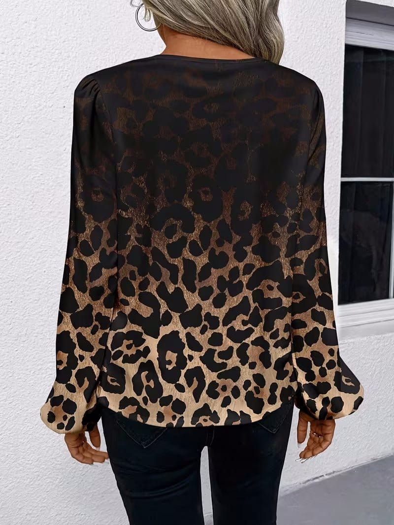 Women's Casual Leopard-Print Puff-Sleeve V-Neck Shirt | Silver Fox Sales