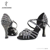 Women Salsa Dance Shoes Latin Ballroom Shoes Latin Dance Shoes Girl Skin Black Color Full Rhinestone Tango Party Shoes 9Cm