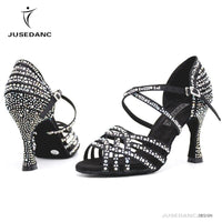 Women Salsa Dance Shoes Latin Ballroom Shoes Latin Dance Shoes Girl Skin Black Color Full Rhinestone Tango Party Shoes 9Cm