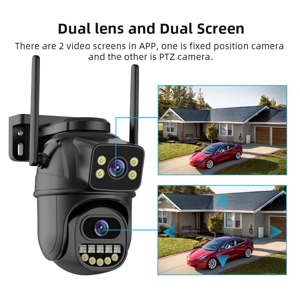 4K HD Wifi PTZ camera with AI tracking showcasing dual lens and dual screen features for enhanced surveillance.