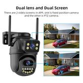 4K HD Wifi PTZ camera with AI tracking showcasing dual lens and dual screen features for enhanced surveillance.