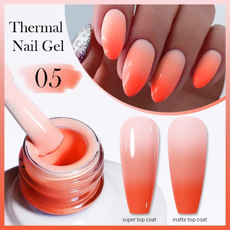Elegant thermal nail gel in coral gradient, showcasing versatile tops: super top coat and matte top coat.