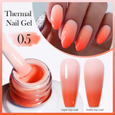 Elegant thermal nail gel in coral gradient, showcasing versatile tops: super top coat and matte top coat.