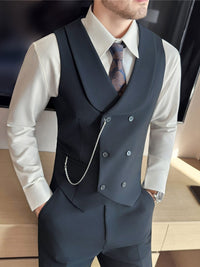 men's double-breasted shawl collar vest in dark color, styled with a shirt and tie, perfect for formal occasions.