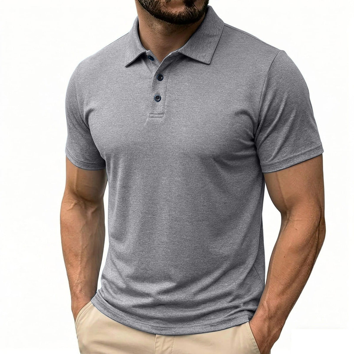 Mens casual button-down shirt in gray color, featuring short sleeves and a classic fit.