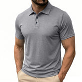 Mens casual button-down shirt in gray color, featuring short sleeves and a classic fit.