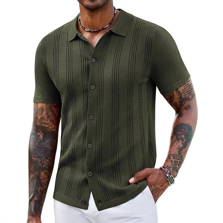 Fashionable striped knitted sweater for men in army green color, featuring short sleeves and a button-up design.