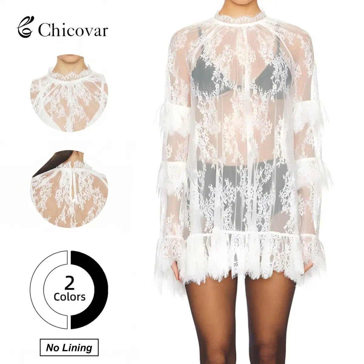 Chicovar Women's Sheer Black Lace Mini Dress - Unlined Long Sleeve Crew Neck Cocktail Dress with Ruffled Hem for Evening Wear and Special Occasions