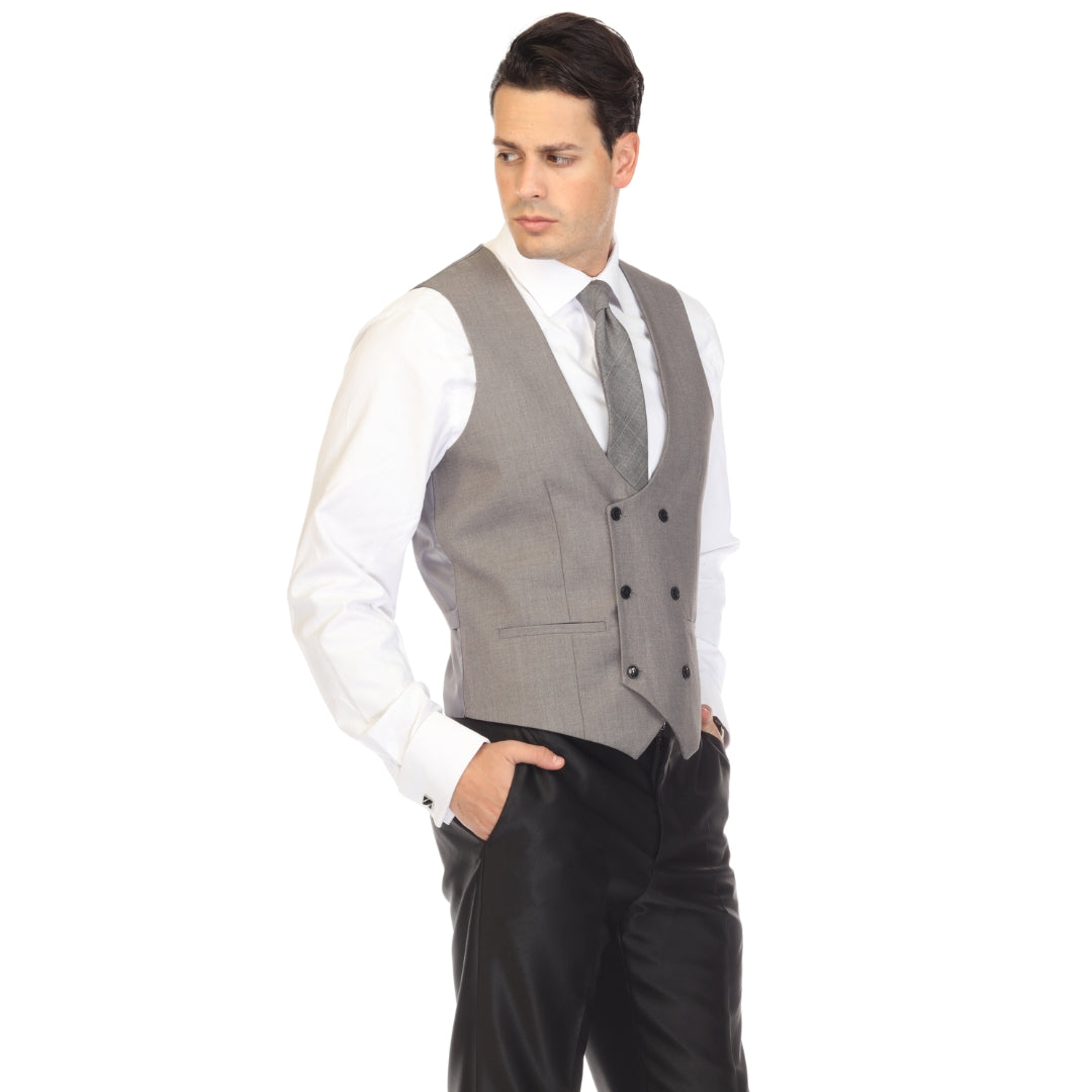 Grey double breasted vest set worn with dress shirt – view 3