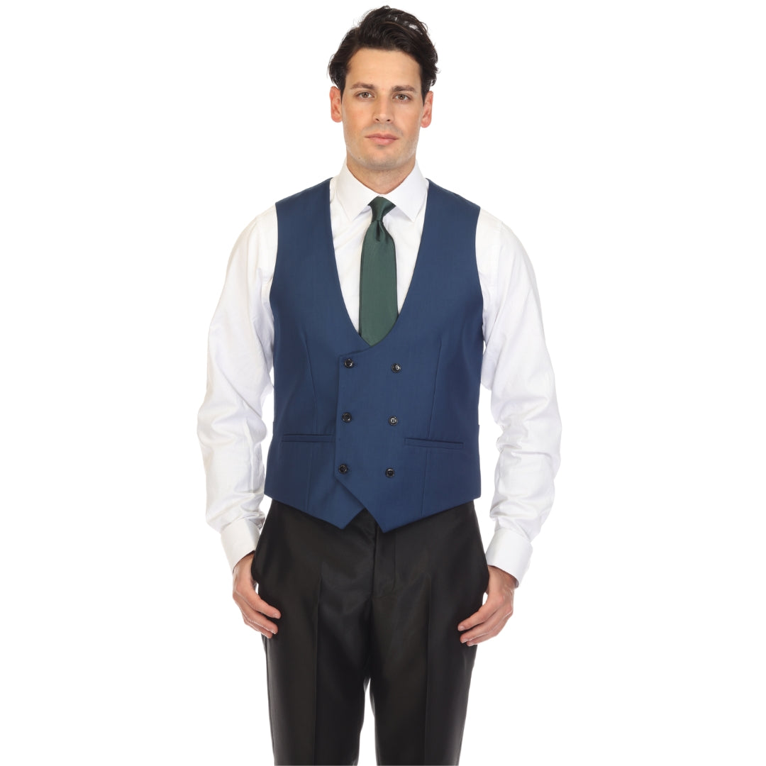 Indigo double breasted vest set worn with dress shirt – view 3