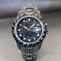 Men's high-end, fully diamond-encrusted hip-hop watch in black with glitzy detail.
