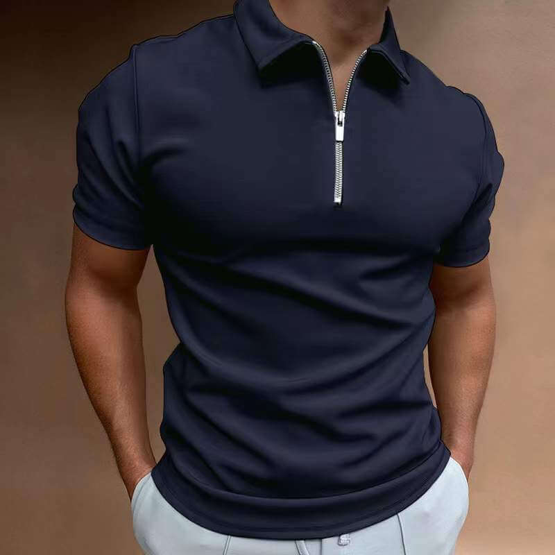 Men's casual polo shirt in navy blue with zip collar, perfect for leisure and casual outings.