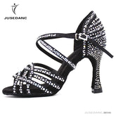 Women Salsa Dance Shoes Latin Ballroom Shoes Latin Dance Shoes Girl Skin Black Color Full Rhinestone Tango Party Shoes 9Cm