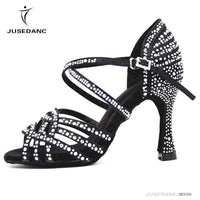 Women Salsa Dance Shoes Latin Ballroom Shoes Latin Dance Shoes Girl Skin Black Color Full Rhinestone Tango Party Shoes 9Cm