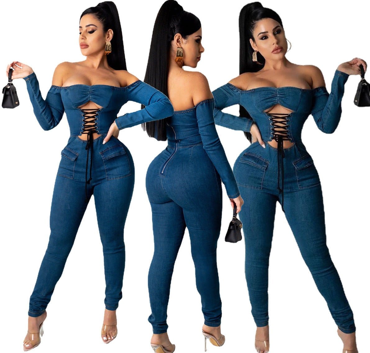 Women's Off-Shoulder Strappy Denim Jumpsuit | Silver Fox Sales