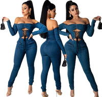 Women's Off-Shoulder Strappy Denim Jumpsuit | Silver Fox Sales