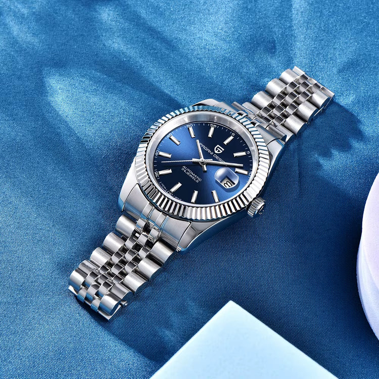 Men mechanical watch luxury automatic waterproof sports watch for men with blue dial and stainless steel band.