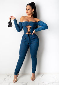 Women's Off-Shoulder Strappy Denim Jumpsuit | Silver Fox Sales