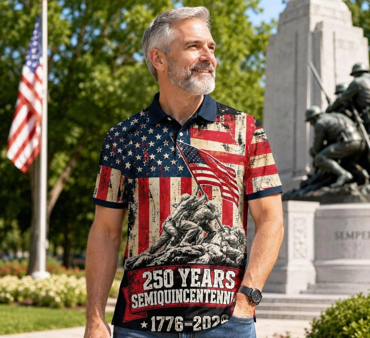 Patriotic Eagle Polo Shirt featuring 250 Years Semiquincentennial design with flags and historical elements.