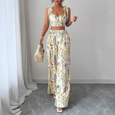 womens pyjama set printed camisole with floral design and matching trousers in elegant setting.