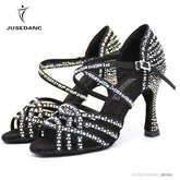 Women Salsa Dance Shoes Latin Ballroom Shoes Latin Dance Shoes Girl Skin Black Color Full Rhinestone Tango Party Shoes 9Cm