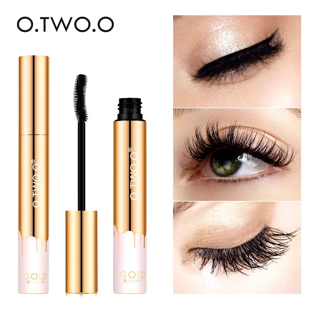 3D Mascara Lengthening Waterproof Mascara with gold tube showcasing eye lashes for beauty makeup.