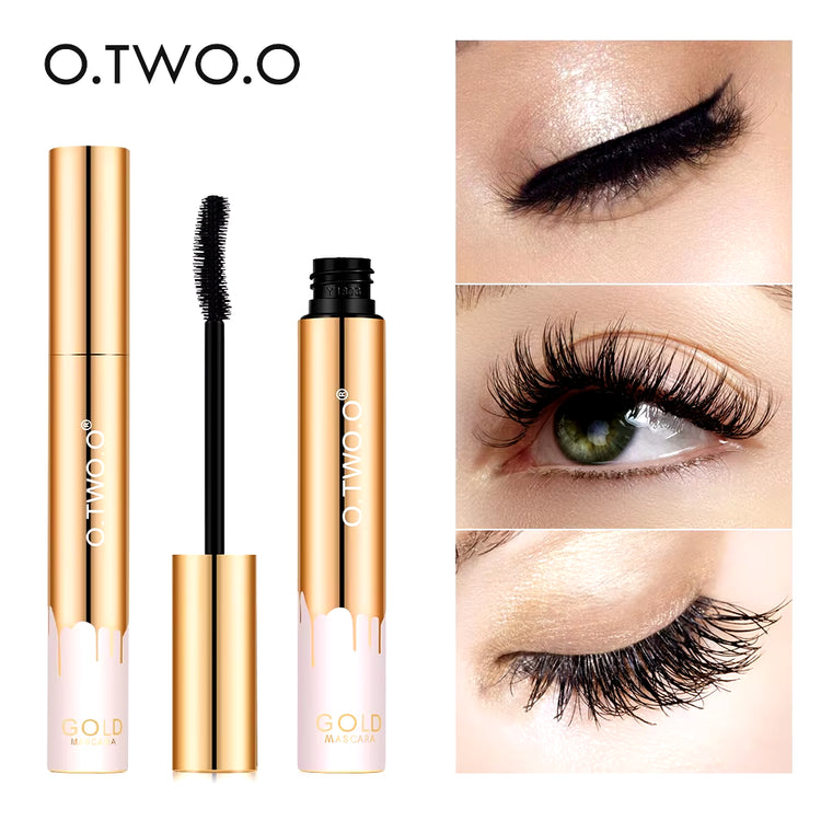 3D Mascara Lengthening Waterproof Mascara with gold tube showcasing eye lashes for beauty makeup.