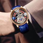 Limited edition quartz watch on a wrist, featuring a unique roulette design and blue leather strap.