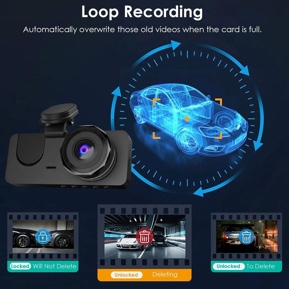 3-Channel Dash Cam with Front, Interior & Rear Cameras, 32GB Card