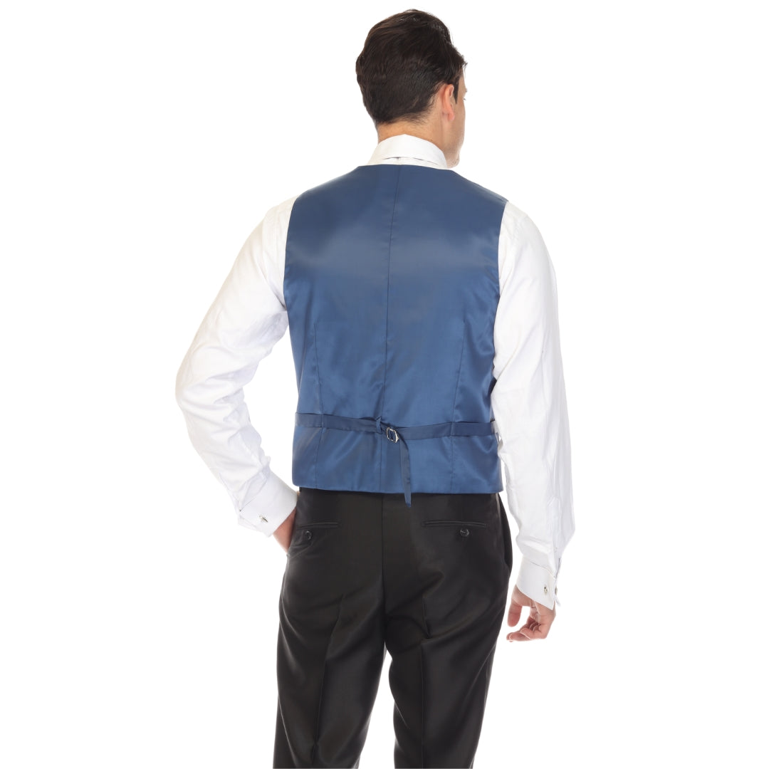 Indigo double breasted vest set worn with dress shirt – view 6