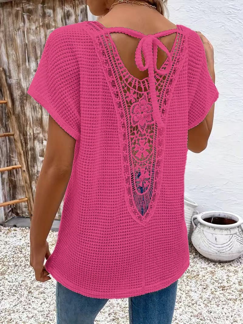 Womens Lace-Panel V-Neck Fashion T-Shirt | Silver Fox Sales
