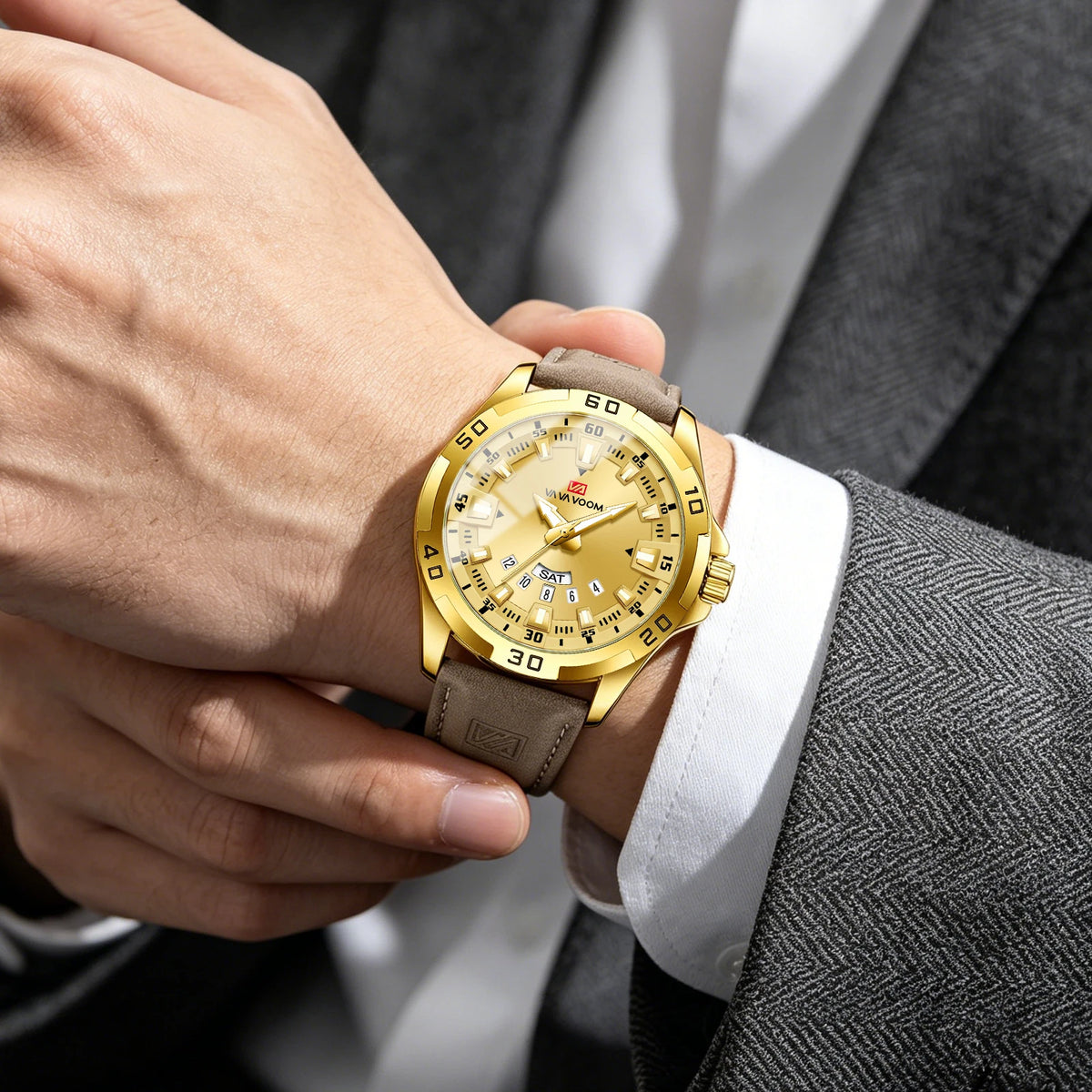 Men’s Business Quartz Watch – Leather Strap & Day-Date Display