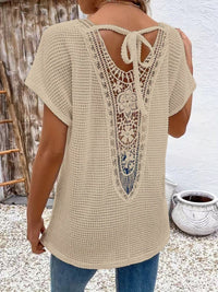 Womens Lace-Panel V-Neck Fashion T-Shirt | Silver Fox Sales