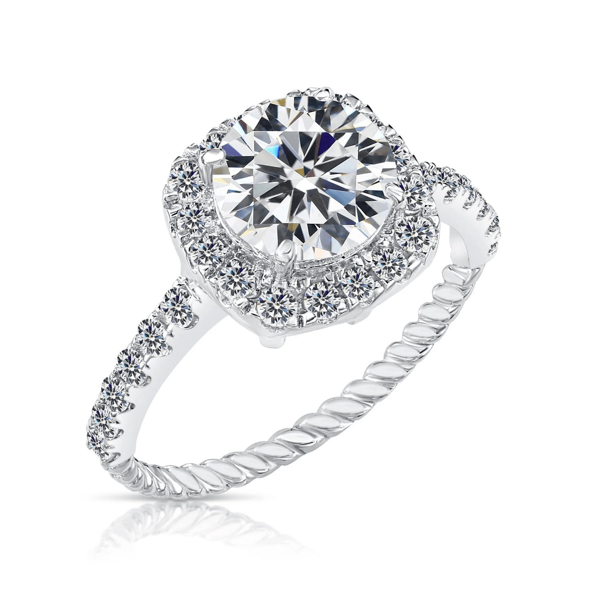 CZ solitaire halo engagement ring featuring sparkling cubic zirconia stones in sterling silver setting.
