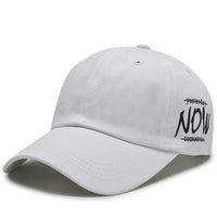 White baseball cap with embroidered text 'NOW' and a sun-proof design, suitable for four seasons baseball cap enthusiasts.
