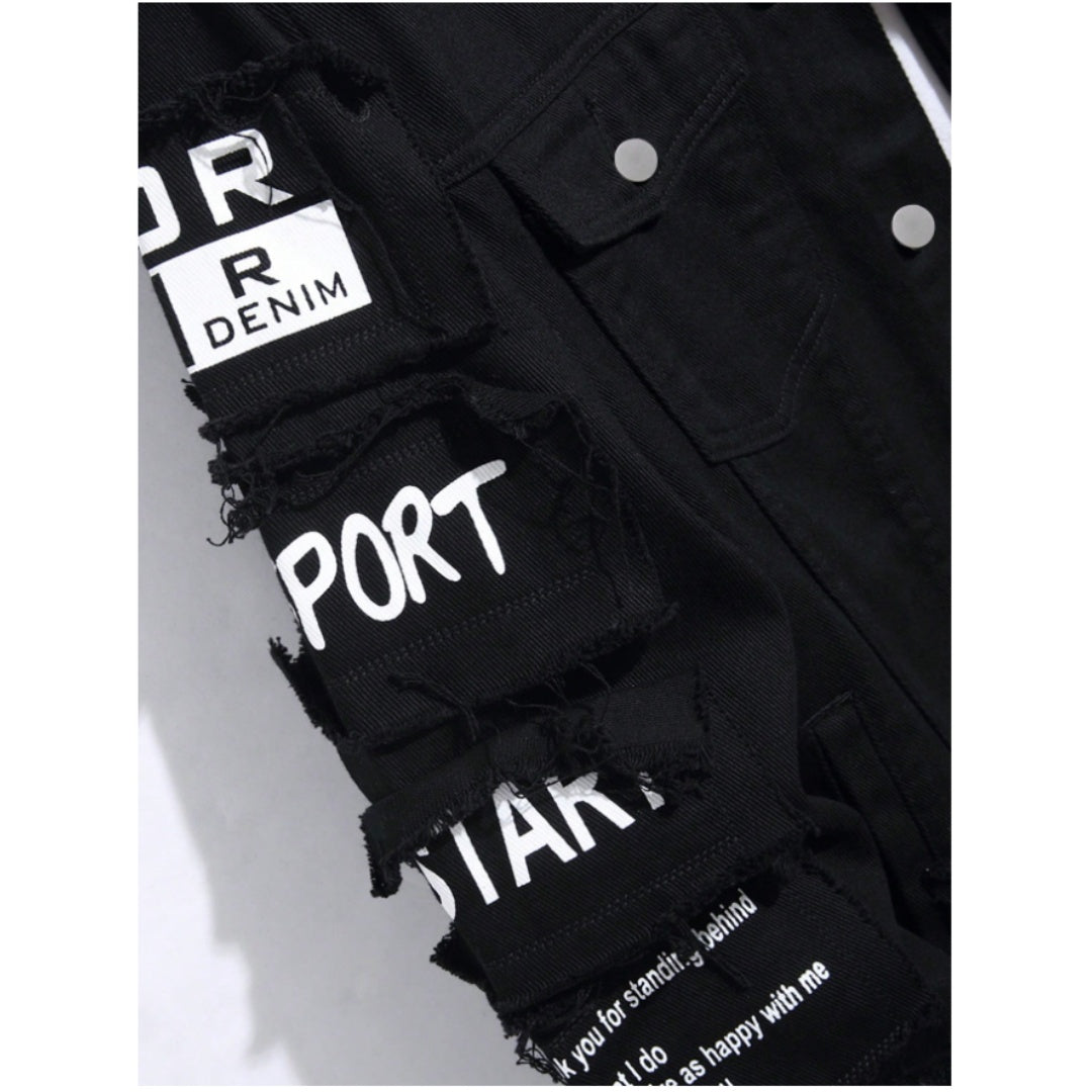 Korean loose-fitting denim jacket showcasing distressed details and unique patches.