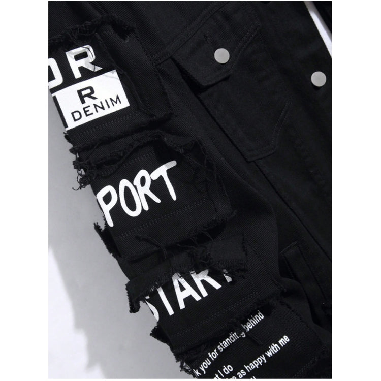 Korean loose-fitting denim jacket showcasing distressed details and unique patches.