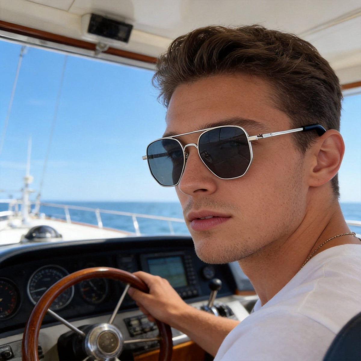 Young man wearing polarized fashion sunglasses while steering a boat on a sunny day.