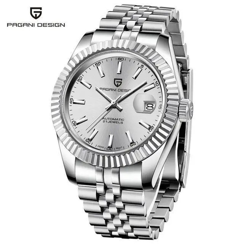automatic waterproof sports watch for men with luminous hands and stainless steel bracelet.