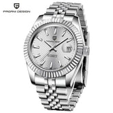 automatic waterproof sports watch for men with luminous hands and stainless steel bracelet.