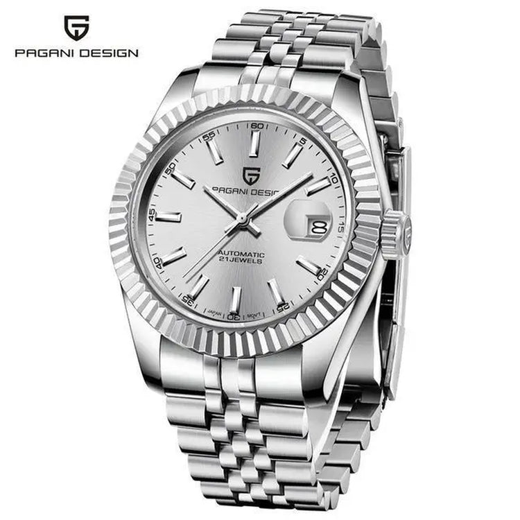 automatic waterproof sports watch for men with luminous hands and stainless steel bracelet.